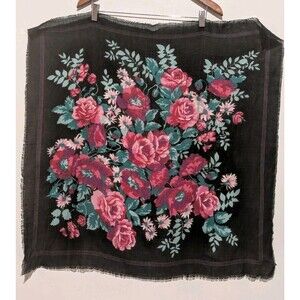 Vintage 60s GLENTEX Scarf Woven Acrylic Floral Scarf Japan Roses On Black